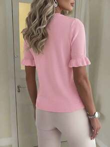 Women's Casual Solid Color Round Neck Frill Trim Ruched Short Sleeve Loose Wool Blend T-Shirt Top, Spring/Autumn Summer - Watermelon Pink - View 6