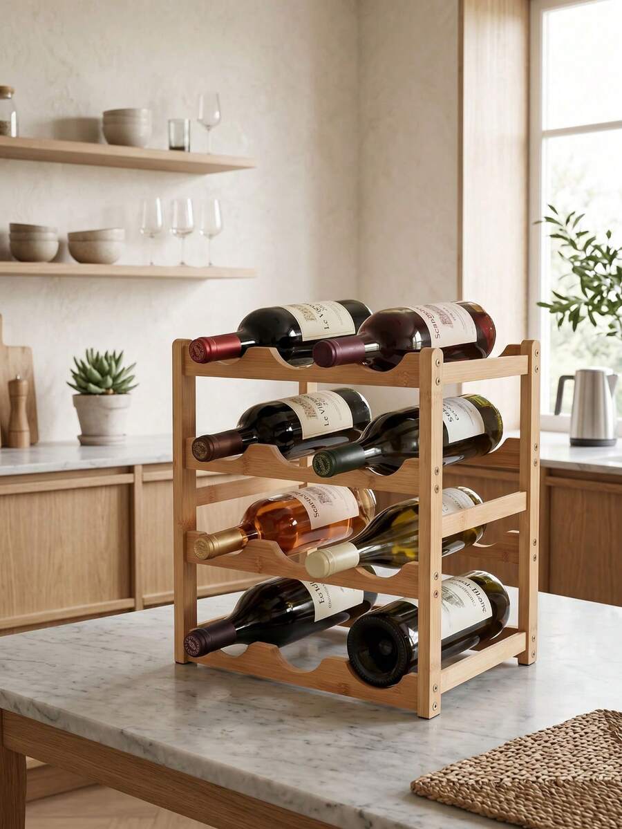 Bamboo Floor-Standing Wine Rack With 9/12 Bottle Capacity, 3-Tier Design With Tabletop, Suitable For Wine Storage In Kitchens, Restaurants, And Bars.
