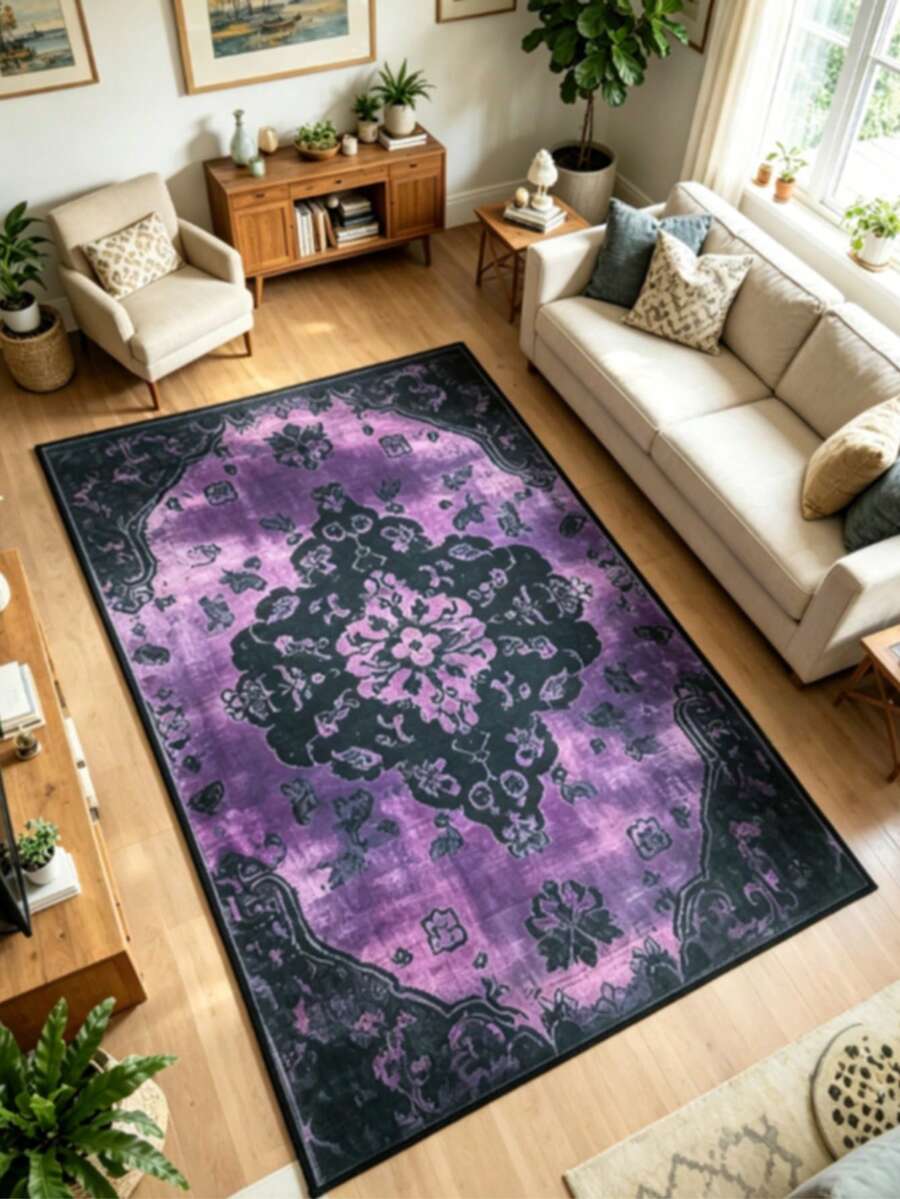1 pièce Tapis de style persan violet et noir, tapis décoratif, décoration de chambre, petit tapis, tapis, décoration de maison, tapis de salon, tapis de chambre, décoration de maison de salon, tapis d'extérieur, tapis lavable - Multicolore - Voir 1