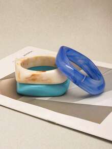 Set de 3 pulseras cuadradas geométricas azules, minimalista y elegante, adecuado para fiestas, uso diario, desplazamientos y talla grande - Celeste - View 3