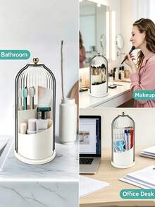 Large Capacity Bathroom Vanity Organizer With Transparent Cover 360° Rotating For Toothbrush Toothpaste Eyebrow Pencil Makeup Brushes Countertop Storage Box Bathroom Room Decor Dorm Room Essentials College Dorm Makeup Organizer Back To School - A - View 7