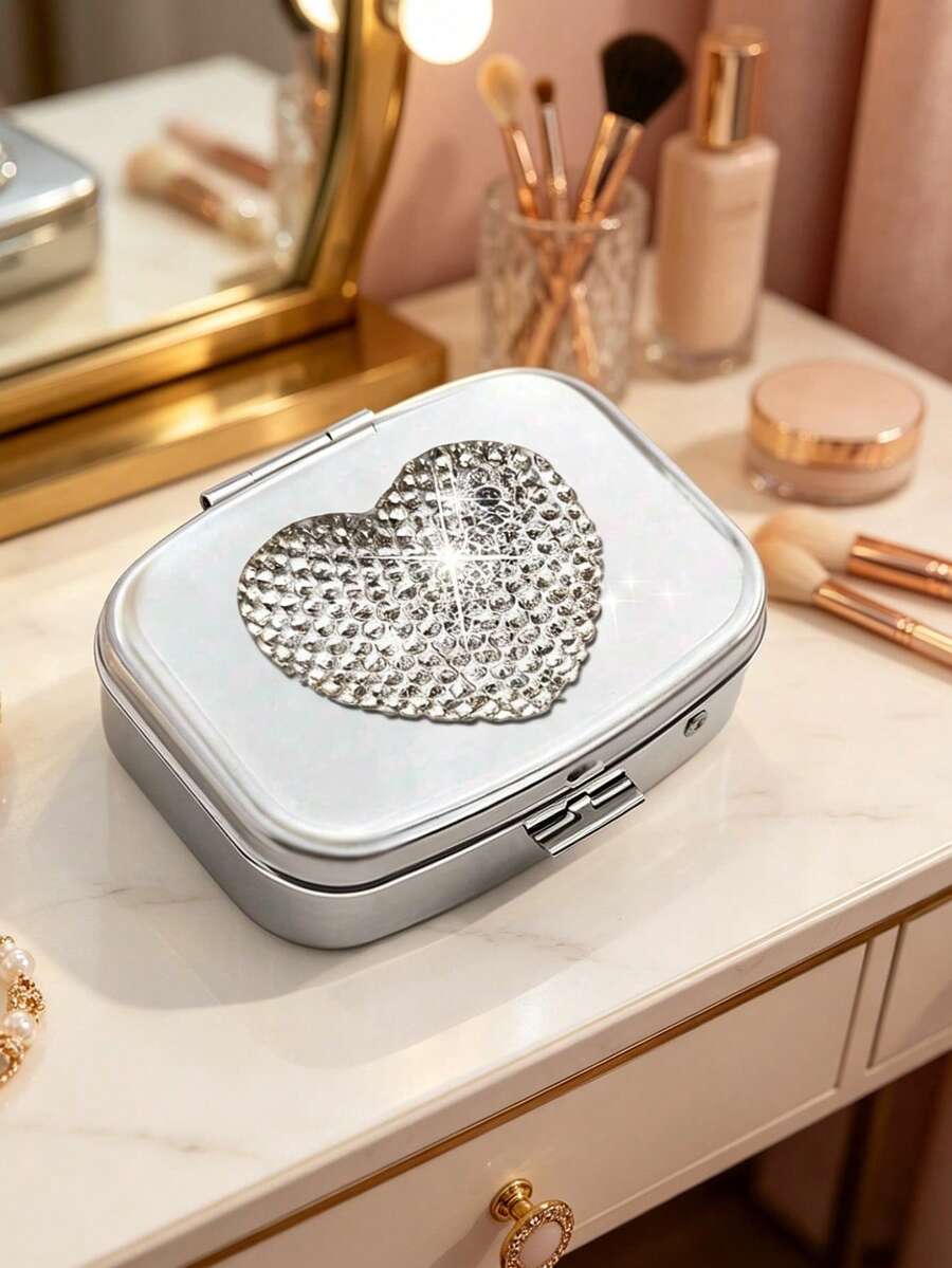 Shiny Rhinestone Pill Box, Fashion Heart-Shaped Rhinestone Pill Box, Mini Compartment Pill Box, Travel Pill Box Container, Suitable For Vitamins, Supplements And Other Small Items, Perfect For Daily/Outdoor/Travel - Multicolor - View 1