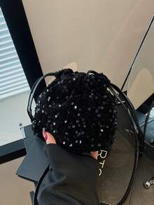 Women's Drawstring Mini Crossbody Bucket Bag, Diamond Quilted Pattern, Daily & Outdoor Use - Black - View 7