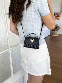 Mini V-Shaped Embossed Solid Color PU Ruffle Bow Flap Crossbody Bag For Women - Black - View 11