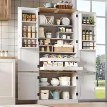Kitchen Cabinets, Tall Cabinets And Storage Units With Motion Detector, Adjustable Shelves, Storage Compartments On Doors And Drawers, Suitable For The Kitchen, Dining Room And Living Room, White - 白色 - 查看 9