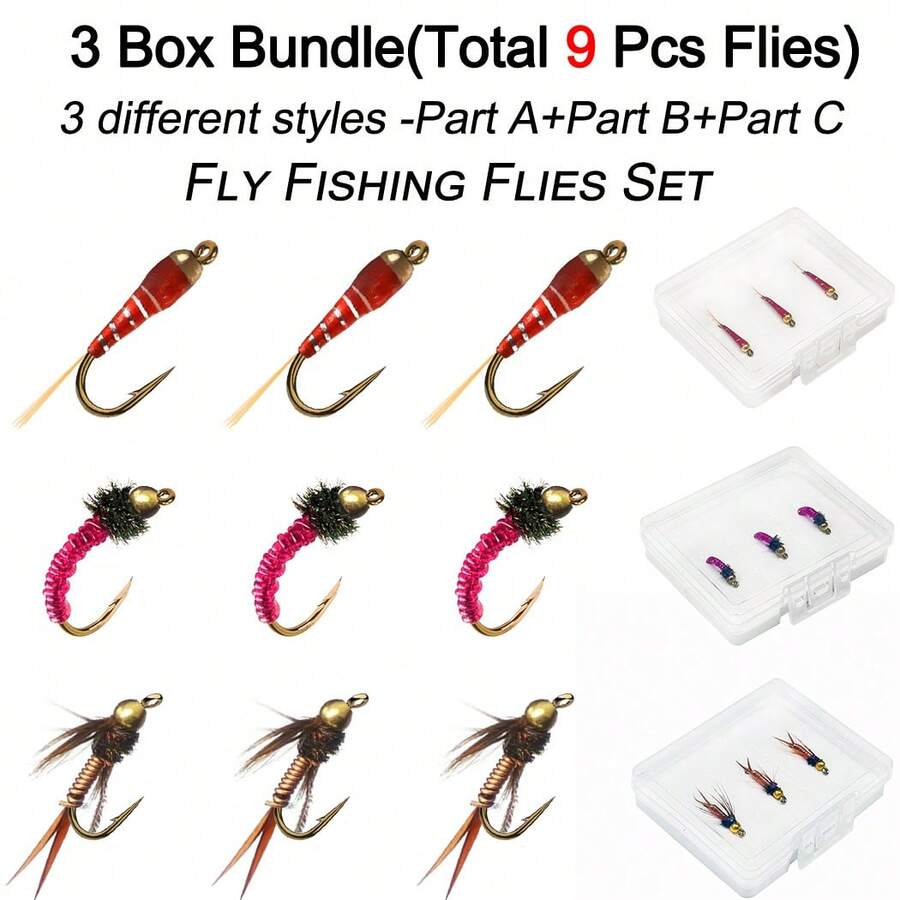 Paket Umpan Pancing Terbang 9 Buah - 3 Kotak, 3 Gaya Umpan Terbang Basah yang Berbeda untuk Menangkap Ikan Seperti Trout/Bass, dll. di Air Tawar
