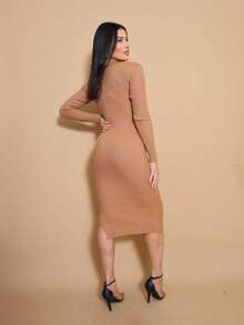 Helena Long-Sleeved Modal Knit Midi Dress For Autumn/Winter - 摩卡棕 - 查看 3