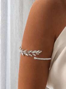 outingfit 1pc Elegant Rhinestone Leaf Arm Cuff, Silver Crystal Open Upper Arm Bangle, Women's Bridal Wedding Party Prom Jewelry Accessory - Silver - View 1