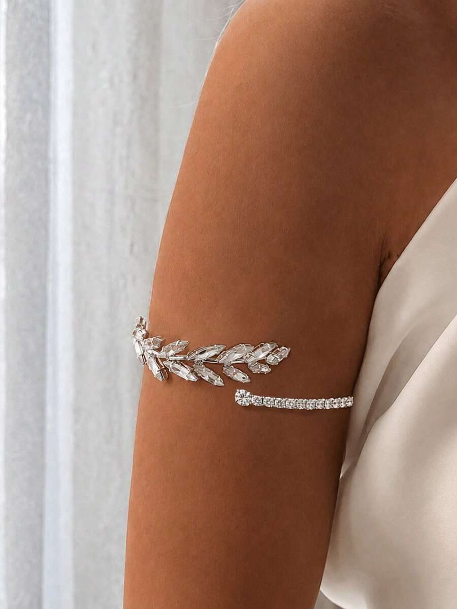 outingfit 1pc Elegant Rhinestone Leaf Arm Cuff, Silver Crystal Open Upper Arm Bangle, Women's Bridal Wedding Party Prom Jewelry Accessory - Silver - View 1