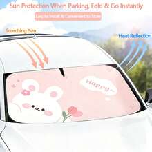 1pc Cute Bear & Rabbit Car Sun Shade, Universal Summer Car Sun Visor, Heat Insulation & UV Protection, Double Ring Front Windshield Sunshade - One Size Fits All - View 5