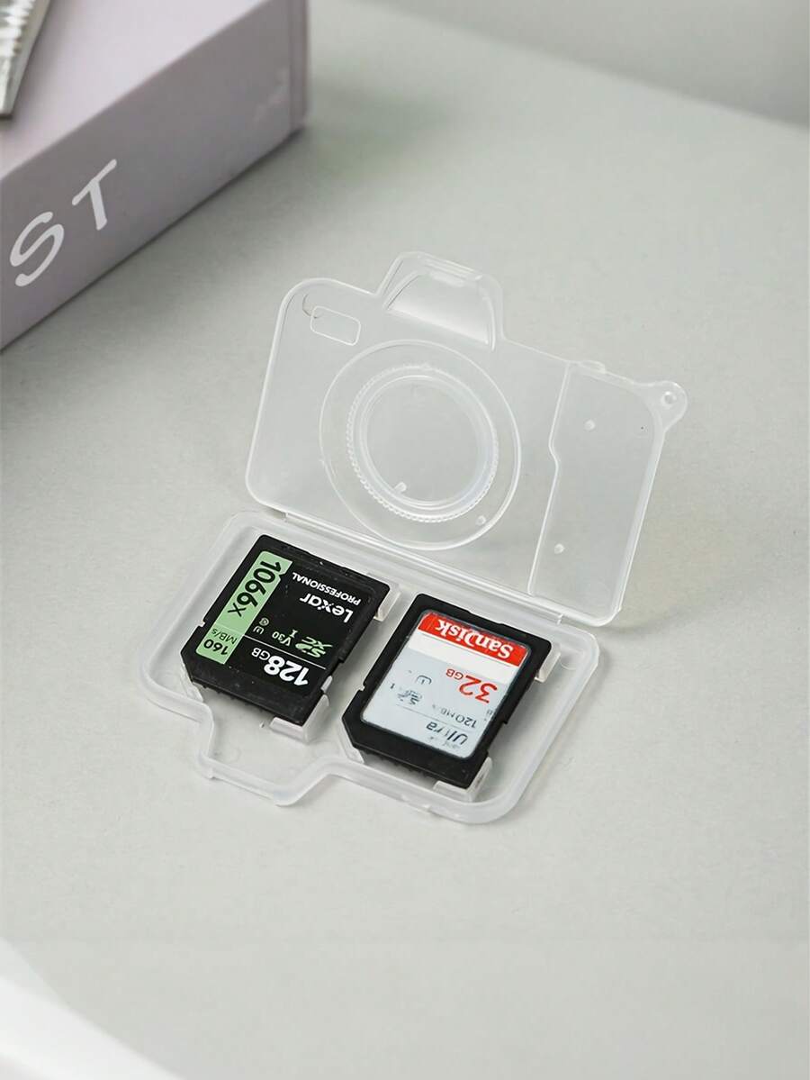 3/1pc Camera-Shaped Compact SD Card Storage Box, SD DSLR Camera Packaging Storage Box, White Memory Card Storage Plastic Box Phone Storage Card Protective Case, Portable Travel Electronic Accessories Card Holder, Camera Storage Card Storage Device, Dual Card Slot Plastic Protective Cover