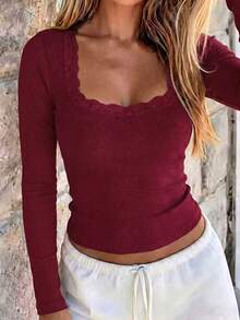 Women's Y2K Lace Crew Neck Knit Long Sleeve Top, Casual & Sexy, Suitable For Back To School Season, Autumn Spring - Burgundy - View 5