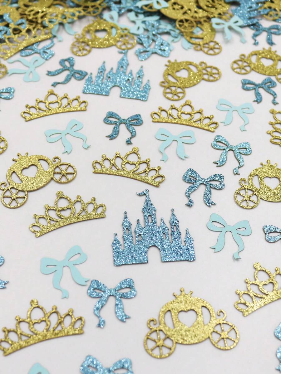 100pcs Blue & Gold Princess Sequin Confetti, Glitter Castle Crown Carriage Bow Table Scatter, Fairy Tale Theme Decoration For Girls Birthday Party - Blue Gold - View 1