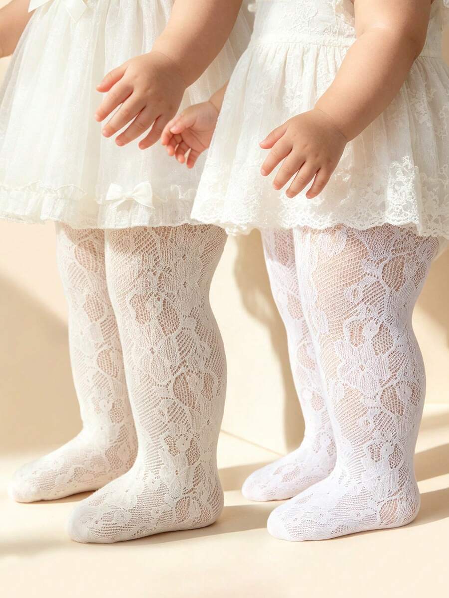 2条装女婴/幼儿米色/白色连裤袜,舒适休闲百搭,饰有玫瑰花图案,适合搭配连衣裙和返校服装。 - 彩色 - 查看 1