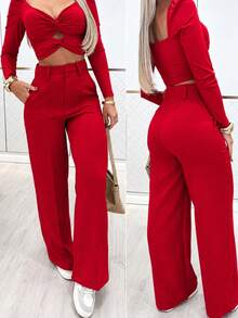 Solid Color High-Waisted Trousers, Casual And Versatile For Everyday Wear, For Spring - Red - View 1
