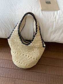 Tas Anyaman Jerami Ringan Bergaya, Desain Minimalis, Tas Pantai Multifungsi untuk Liburan, Kapasitas Besar Cocok untuk Perjalanan dan Liburan - Krem - View 5