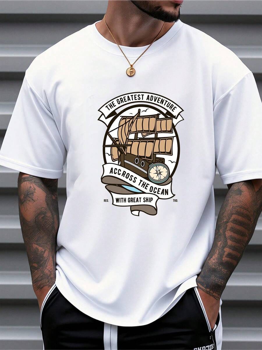 Men's Pure Cotton Short-Sleeved T-Shirt Casual Oversized Adventure Ship Compass Print Tee - White - View 1
