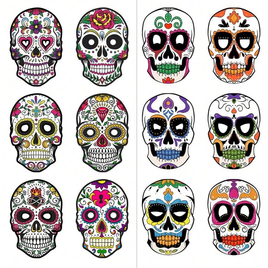 6-teiliges Set bunte Zucker-Schädel-Papier-Gesichtsmasken Tag der Toten & Halloween Party Maskenball Kostümzubehör für Erwachsene & Kinder, perfekt für Tag der Toten Parade, Cosplay & Festival Verkleidung - 6er-Packung - Übersicht 1