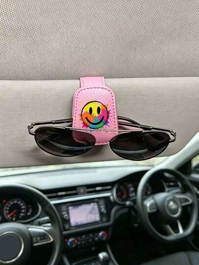 Clip para gafas de moda con estampado de cara sonriente y salpicaduras de arcoíris para visera de coche, nuevo organizador multifuncional de almacenamiento para visera de coche para gafas de moda y boletos
