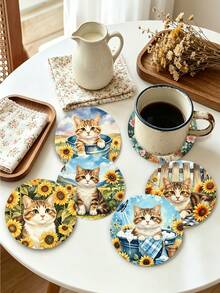 1/6pcs Cute Farm Cat Print Wooden Coasters, Rustic Sunflower Kitten Drink Coaster Set, Coffee Table Heat-Insulating Coasters, Home Decor, Kitchen Bar, Party Tabletop Protection, Non-Slip Beverage Coasters, Cat Lover Housewarming Gift - Multicolor - View 9