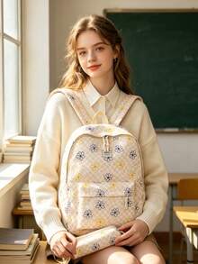 1 Set Back To School Backpack Set - Checkerboard/Floral Pattern Large Capacity Backpack + Lunch Bag + Pencil Case Multi-Piece Set, With Laptop Compartment, Durable Nylon Backpack, Adjustable Shoulder Straps, Lightweight Portable Zipper Bag, Suitable For Students/Teenagers/Graduates, Perfect For Outdoor/Travel/Middle School/High School/College, College Essential Backpack - Multicolor - View 6