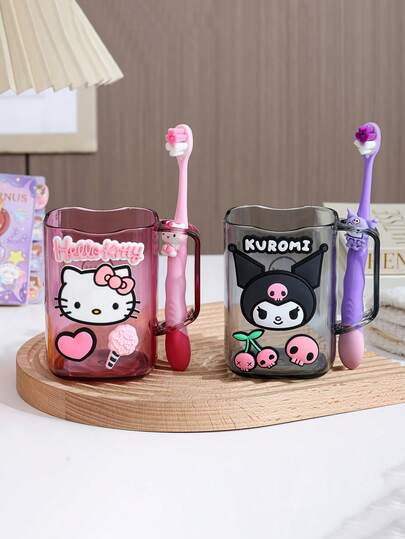 1 pieza Vaso de agua con soporte para cepillo de dientes de gato de dibujos animados KT Kuromi, vaso para enjuague bucal, adecuado para baño y dormitorio, diseño minimalista lindo, duradero y resistente a caídas, ideal como vaso de lavado y soporte para cepillo de dientes de baño, regalo perfecto para vacaciones y cumpleaños