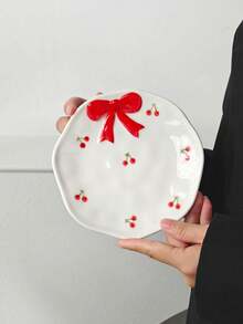 1/2/4pcs Embossed Cute Bow Ceramic Plates, Korean Style Minimalist Ceramic Plates, Afternoon Tea Dessert Plates, Coffee Cup Trays, Breakfast Plates, Casual Snack Plates, Cake Plates, Candy Plates, Gift Tableware, Plates, Suitable For Various Scenes Office, Restaurant - Multicolor - View 9
