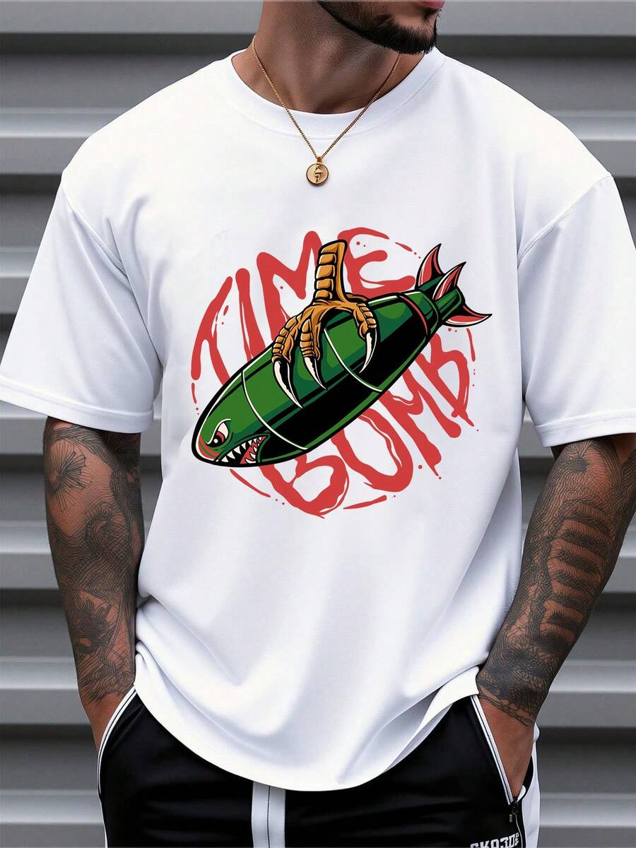 Men's Pure Cotton Short-Sleeve T-Shirt Time Bomb Graphic Print Casual Streetwear Oversized Tee - White - View 1
