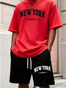 Men'S New York Casual Short Sleeve Black With White Lettering Casual Style| Comfortable Fit, PLUS SIZE  Men's Casual Outfit, Cotton Sportswear Set - 紅色 - 查看 2