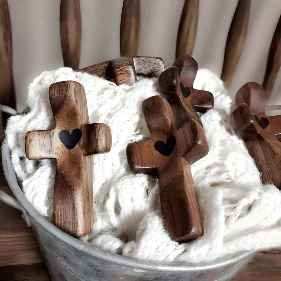 Christian Wooden Cross Set 3/6/10/20 Pcs – Handheld Prayer Cross My Heart, Encouragement Gift To Relieve Anxiety, Inspirational Easter Day Gift For Faith - Brown - View 1