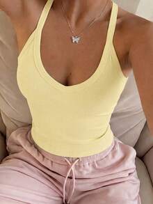 女款Y2K性感修身素色無袖圓領休閒運動跑步健身瑜珈背心上衣夏季 - 黃色 - 查看 8