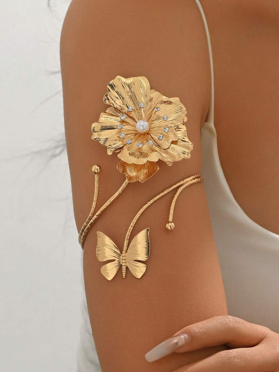 1pc Luxury Floral & Butterfly Armband, Unique Design Elegant Arm Cuff Accessory, Suitable For Daily, Commute, Date, Party, Vacation Wear - Gold - View 1