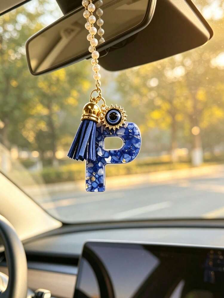 1個藍色字母A汽車吊飾，附蝴蝶/邪惡之眼與流蘇 - A - 查看 50