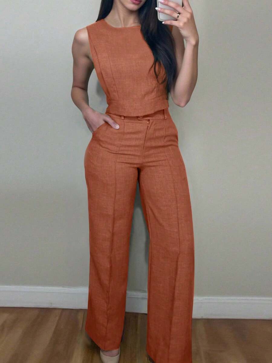 Conjunto de dos piezas de camiseta y pantalones de unicolor para mujer, informal para primavera/verano - Blanco - Ver 1