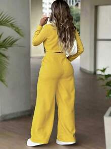 Women's Solid-Color Fall Commuter And Casual Two Pieces Set: Long-Sleeve Front-Button Blazer And High-Waisted Straight-Leg Pants With Button And Zipper - Yellow - View 4