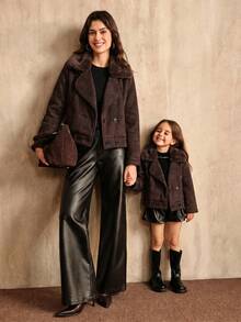 Girls' Casual Fashion Loose Fuzzy Collar Long Sleeve Jacket, Autumn/Winter - Coffee Brown - View 1