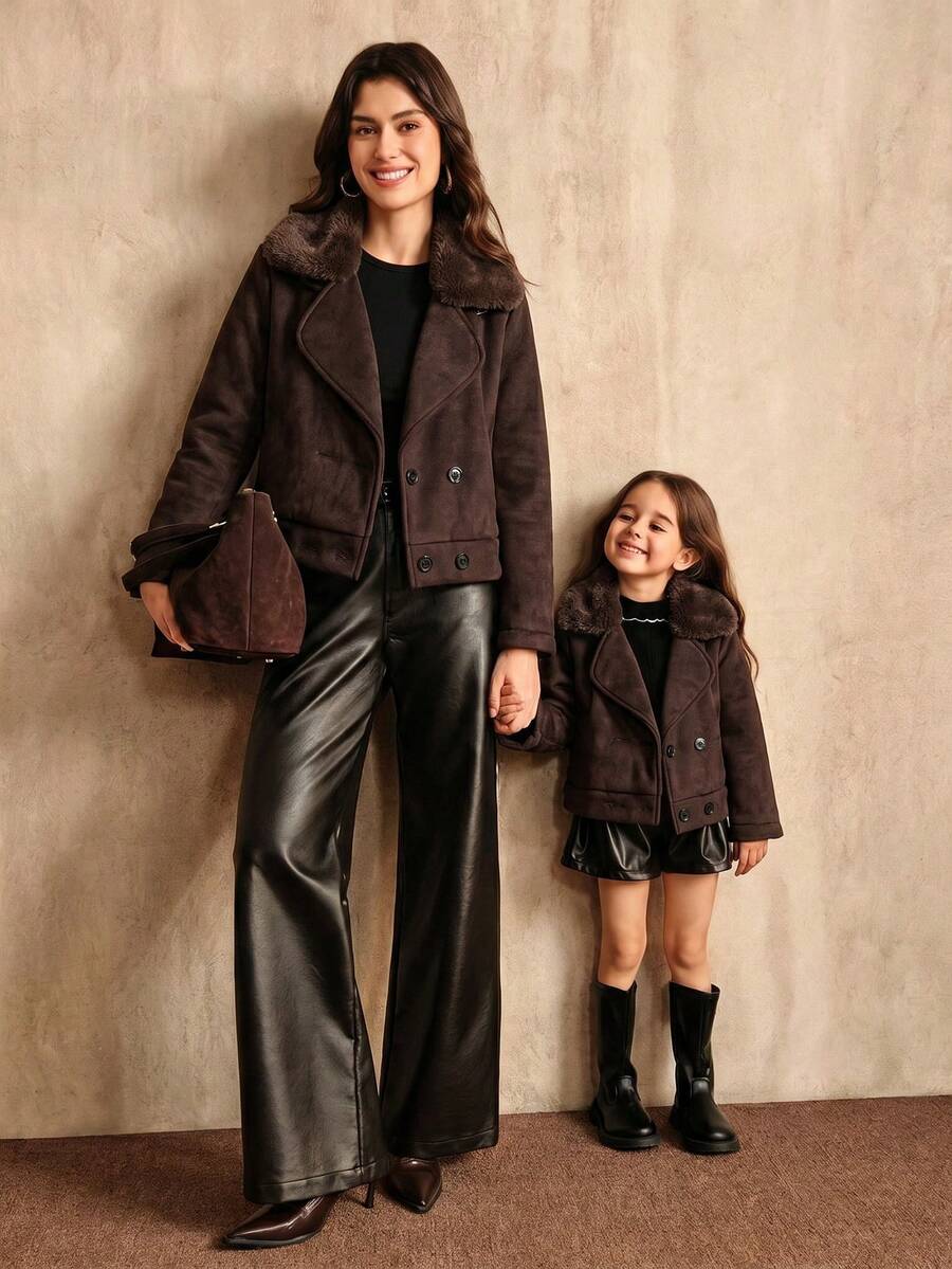 Girls' Casual Fashion Loose Fuzzy Collar Long Sleeve Jacket, Autumn/Winter - Coffee Brown - View 1