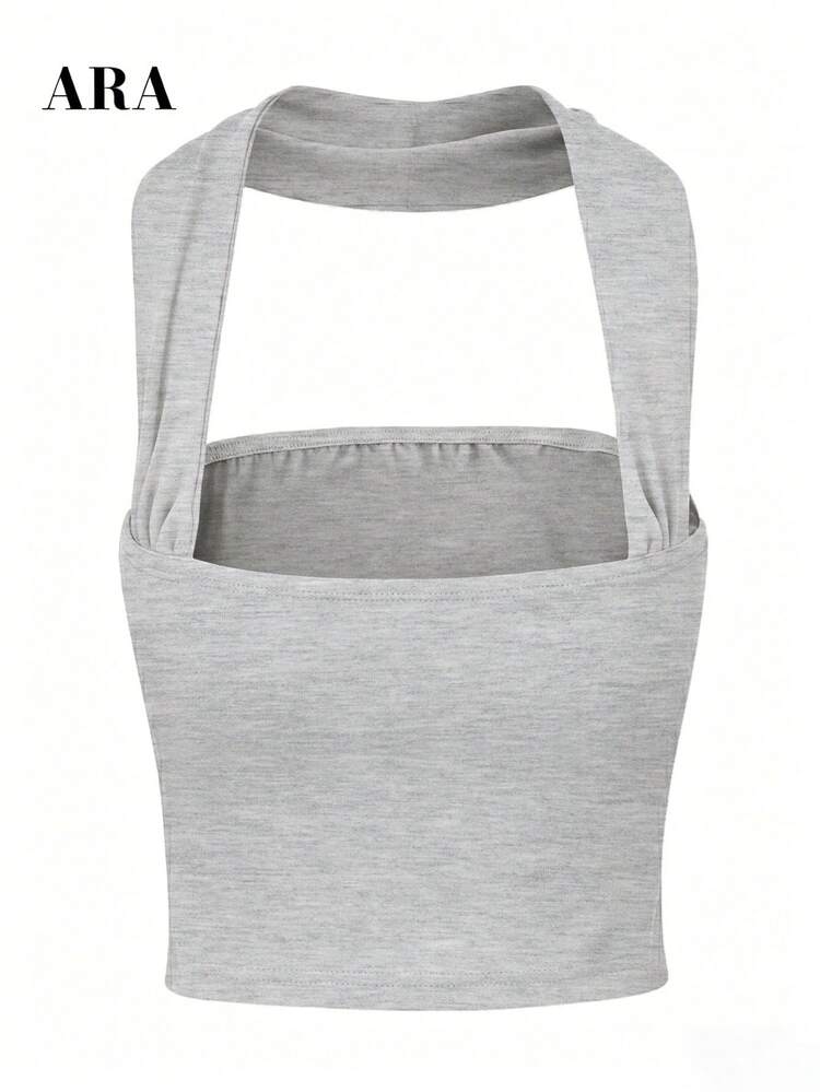 ARA CHIC Women's Light Floral Grey French Style Off-Shoulder Halter Neck Cropped Inner Top, Exquisite Backless Fitted Sleeveless Top, Suitable For Dating And Vacation - Light Grey - View 8