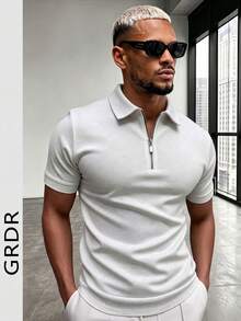 GRDR Men's Summer Polo Collar Half Zip Short Sleeve T-Shirt, Suitable For Outdoor, Vacation And Casual Wear - Light Grey - View 5