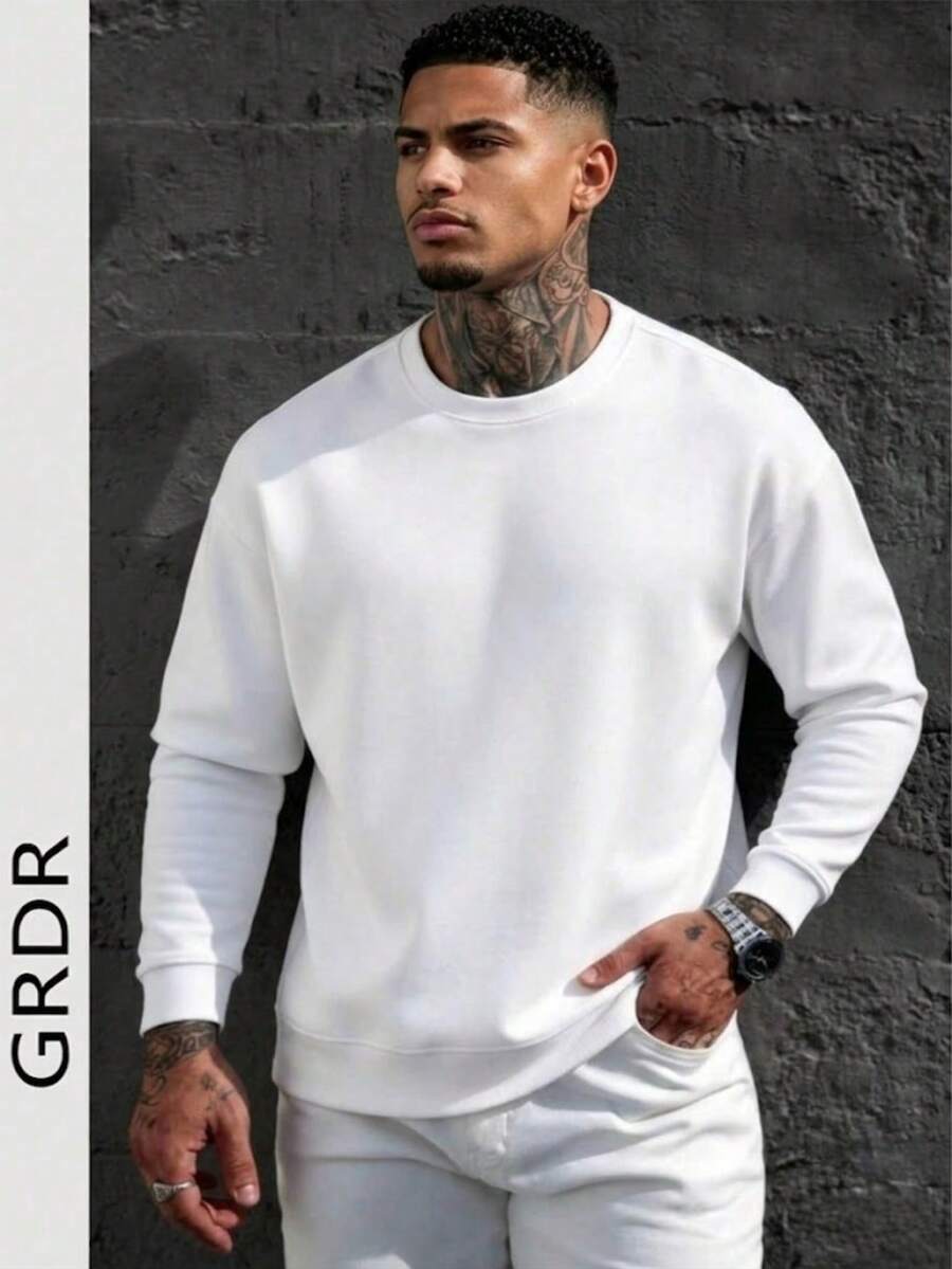 Men's Solid Color Long Sleeve Casual Loose Fit Pullover Sweatshirt - White - View 1