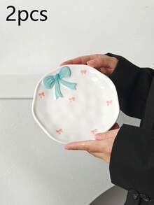 1/2/4pcs Embossed Cute Bow Ceramic Plates, Korean Style Minimalist Ceramic Plates, Afternoon Tea Dessert Plates, Coffee Cup Trays, Breakfast Plates, Casual Snack Plates, Cake Plates, Candy Plates, Gift Tableware, Plates, Suitable For Various Scenes Office, Restaurant - Multicolor - View 23