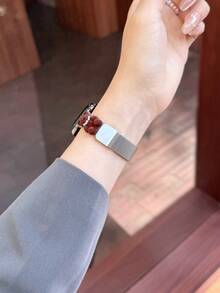 New High-Density Stainless Steel Milanese Metal Band, Compatible With Apple Series 11/10/9/8/7/6/5/4/3/2/1, SE, Ultra, Cute Magnetic Bear Decoration, 38mm/40mm/41mm/42mm/44mm/45mm/49mm, Waterproof, Breathable, Durable, Perfect Replacement Band Gift For Women, High Aesthetic Value, Practical, Watch Accessory - Silver - View 6