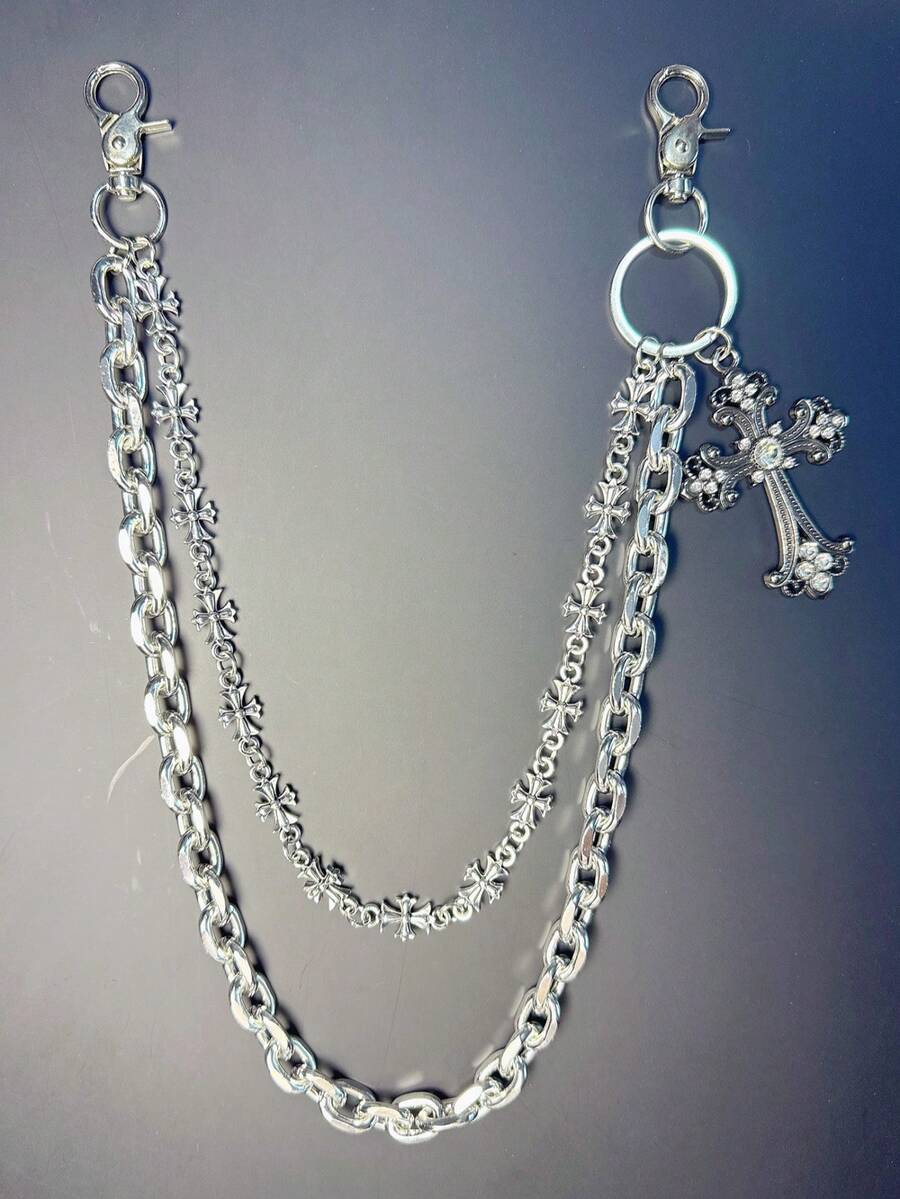 Cross Chain Pants Chain, Rhinestone Waist Chain Lobster Clasp Pendant, Wallet Chain, Vintage Chain, Double Layer Chain, Hip Hop Punk, Jeans Chain, Pocket Chain, Men's Key Chain, Multi- - Multicolor - View 1