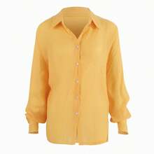 Women's Cotton Linen Blouse With Long Sleeves, Plus Size - Yellow 1 - View 6