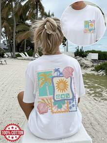 LangKtops Women's Summer Casual T-Shirt With Double-Sided Print, Tropical Palm, Shell And Sun Design, Short Sleeve, Round Neck, Oversized Style With Dropped Shoulders - White - View 1