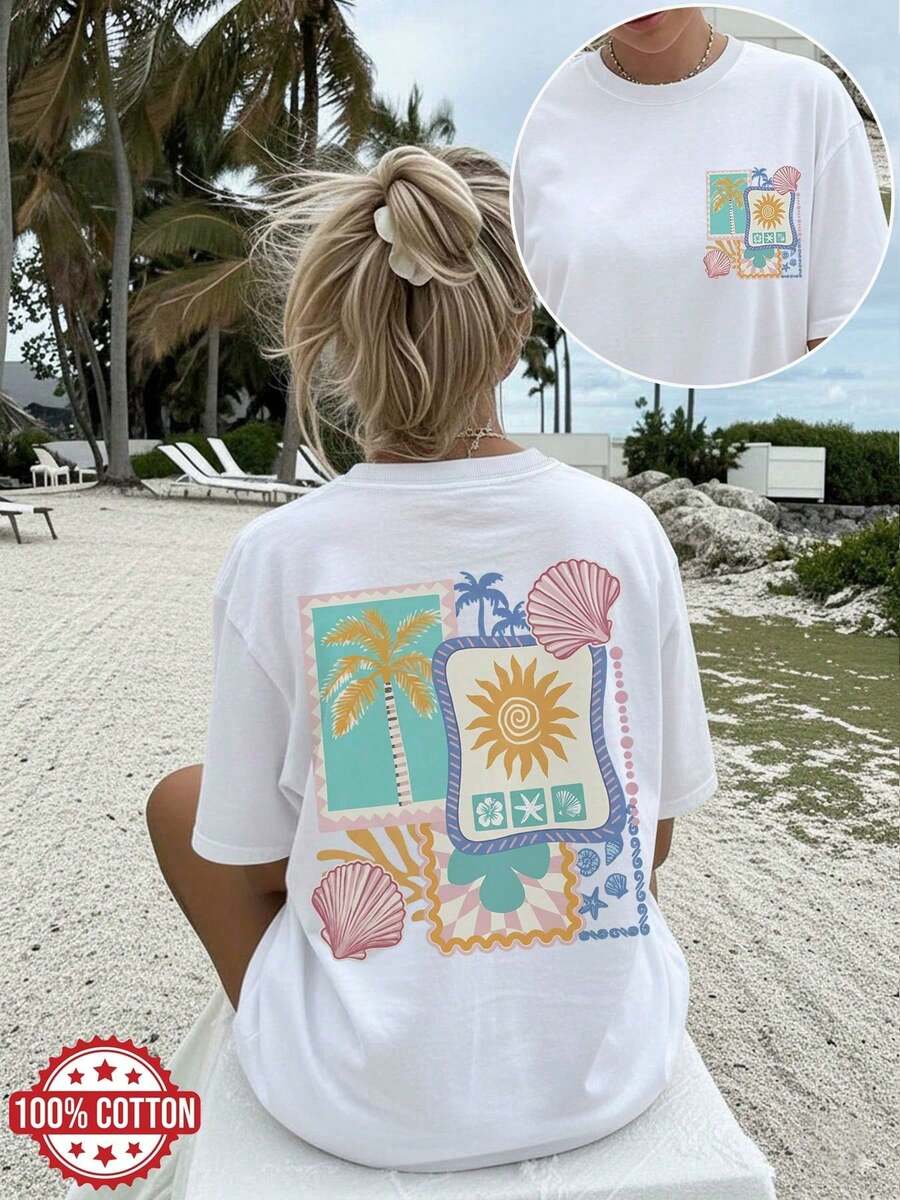 LangKtops Women's Summer Casual T-Shirt With Double-Sided Print, Tropical Palm, Shell And Sun Design, Short Sleeve, Round Neck, Oversized Style With Dropped Shoulders - White - View 1