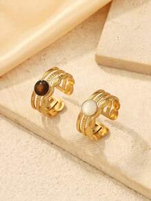 2pcs Stainless Steel Women's 18K Gold Plated Open Adjustable Multi-Layer Leaf Rings, Textured Leaf Pattern Inlaid Round Natural Shell Tiger Eye Stone Personalized Rings, Vintage Style Daily Date Party Women's Fashion Jewelry - Yellow Gold - View 2