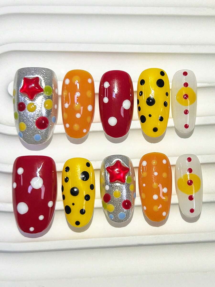 10pcs Y2K Dopamine Press-On Nails, Colorful Polka Dot And 3D Star Design Fake Nails, Reusable Oval Nails For Daily Manicure (1 Jelly Sticker + 1 Nail File) Handmade Press On Nails - Multicolor - View 1