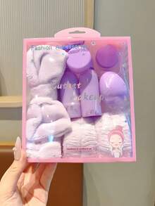 8pcs Complete Skincare Accessory Gift Set, Face Wash Headband + Disposable Towels + Travel Dispenser Bottles + Makeup Sponge Combo, Girls SPA Bath Accessories - Multicolor - View 6