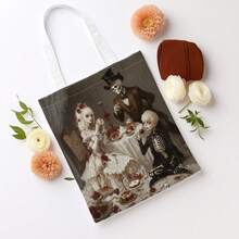 1pc Gothic Victorian Skull Tea Party Tote Bag For Women - Featuring Tassel Trim, Adjustable Wrist Strap And Shoulder Strap Design, Spacious Reusable Shopping Bag, Durable Handbag Washable - Multicolor - View 4